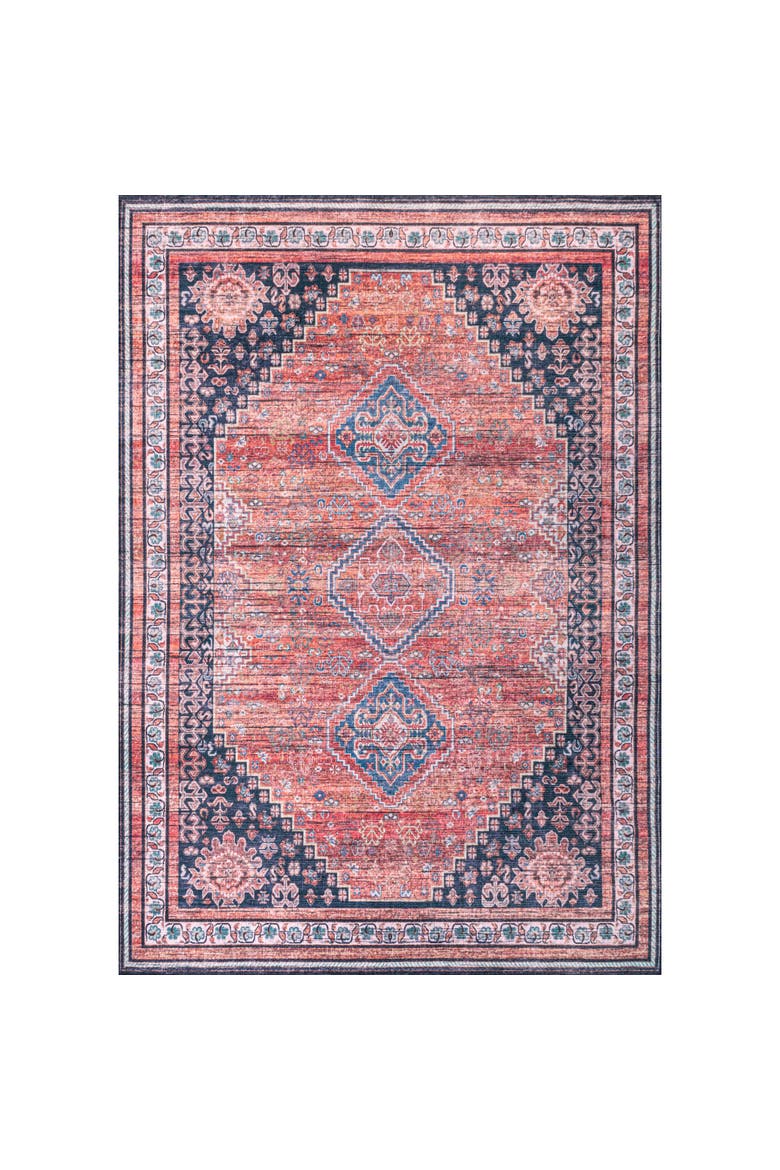 Dalyan Geometric Medallions Machine-Washable Area Rug, Alternate, color, Terra/Navy-Round