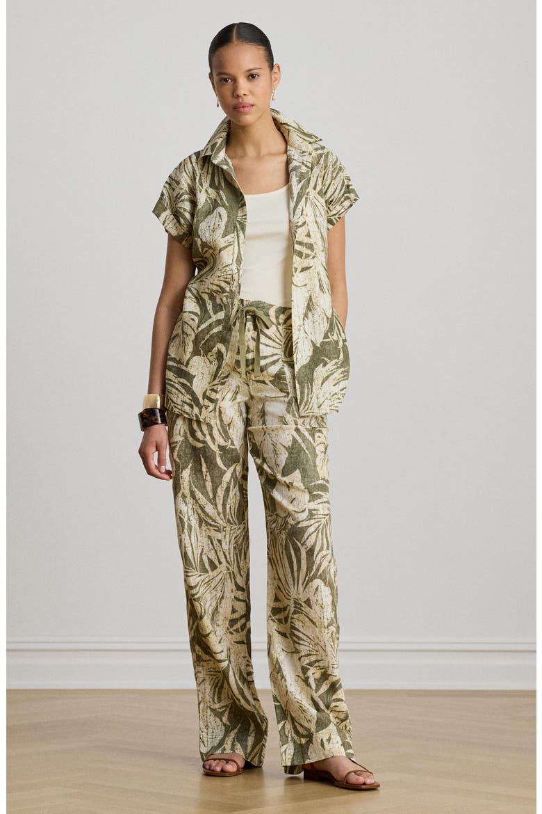 Palm Print Linen Wide Leg Pants, Alternate, color, FARM OLIVE GREEN