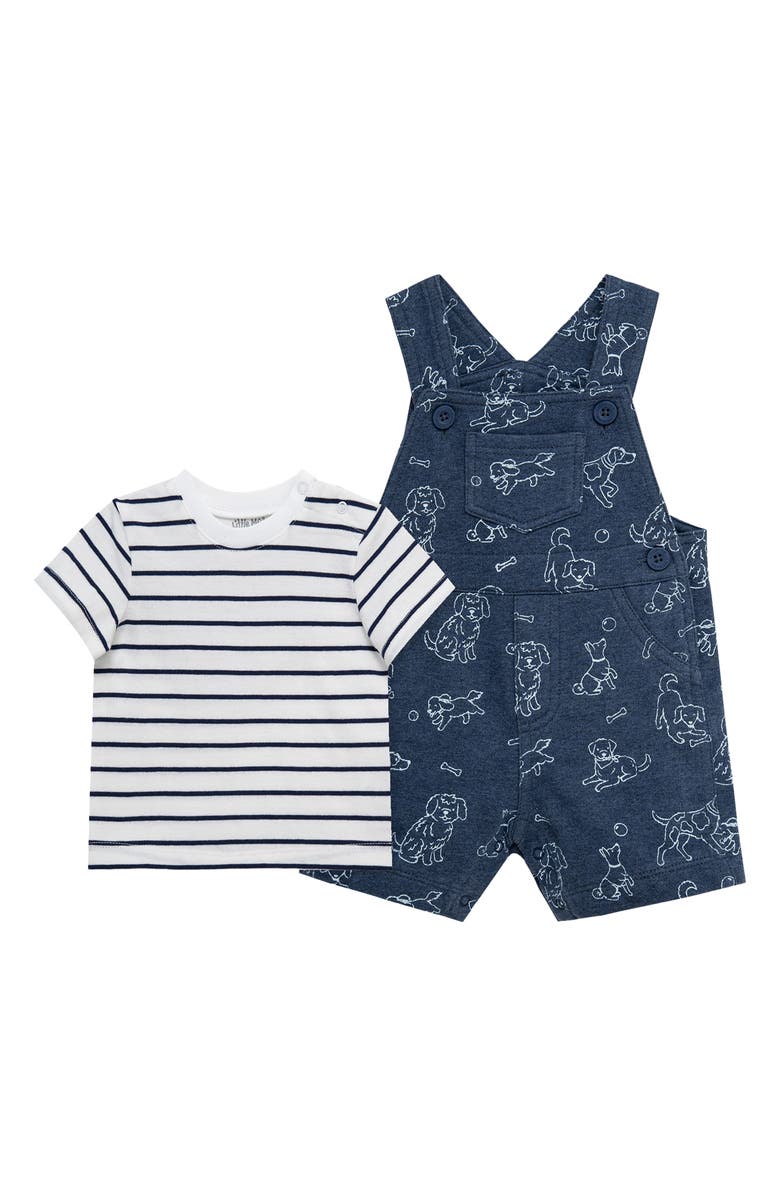 Little Me Puppies Overalls & Stripe T-Shirt Set, Alternate, color, Blue