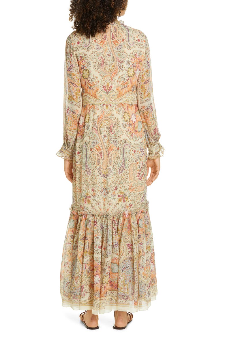 Paisley Long Sleeve Silk Maxi Dress, Alternate, color, 990 WHITE