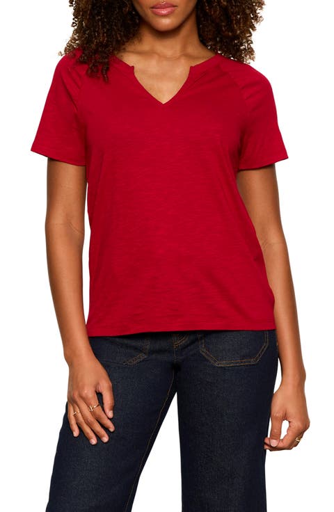 Notch V-Neck Cotton Blend T-Shirt