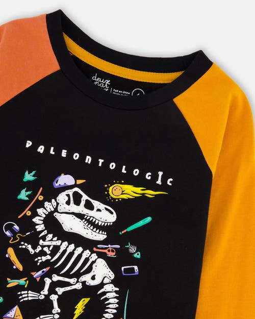 Deux Par Deux Long Sleeve Raglan T-shirt With Glow-in-the-dark Dinosaur In Multi