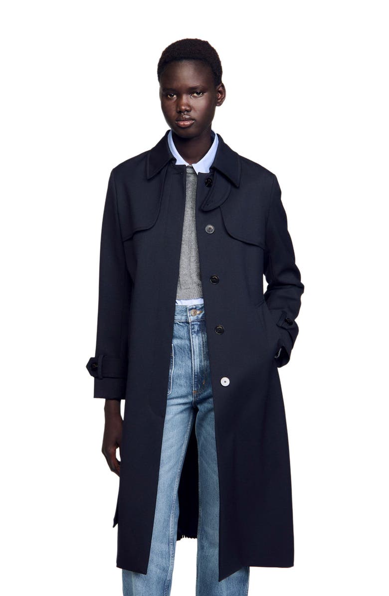 SANDRO Trench coat with pleated inset, Alternate, color, Navy Blue