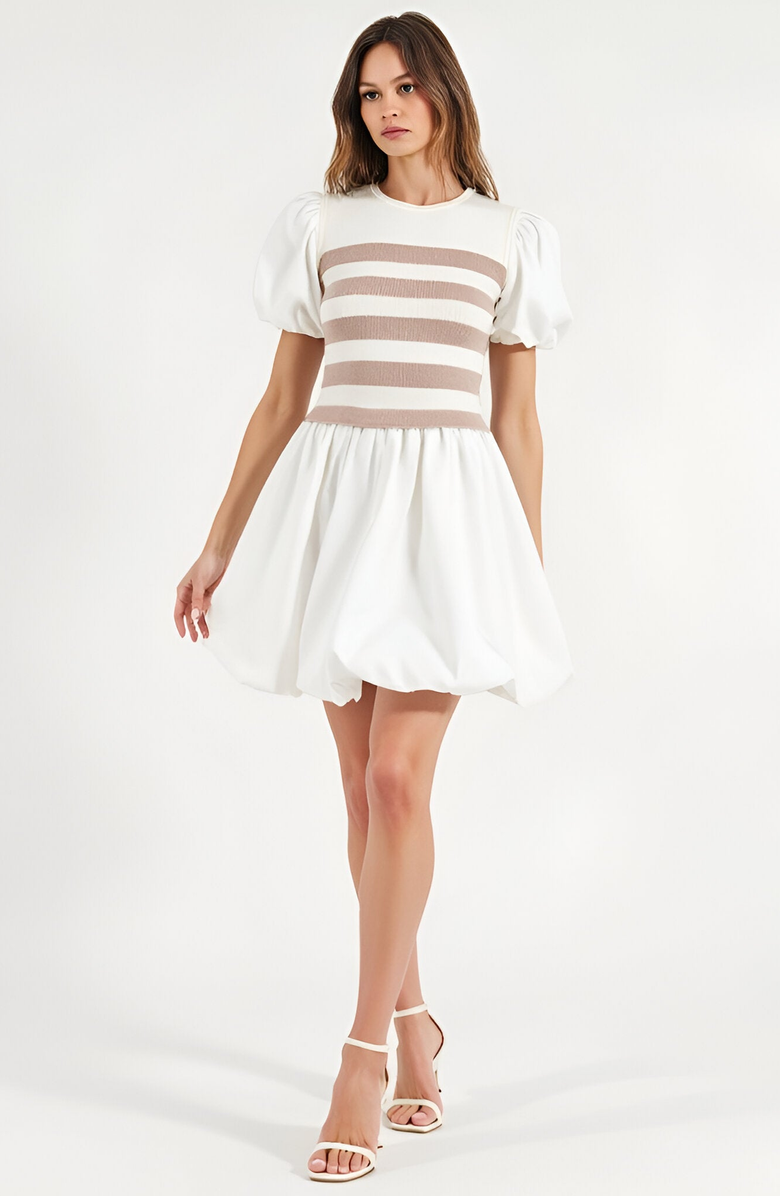 Modenaire Striped Knit Bodice Puff Sleeve Mini Dress with Bubble Hem, Main, color, 