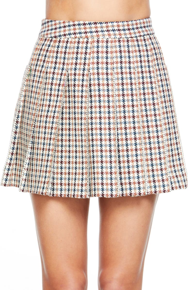 Area Check Crystal Trim Pleated Miniskirt, Main, color,