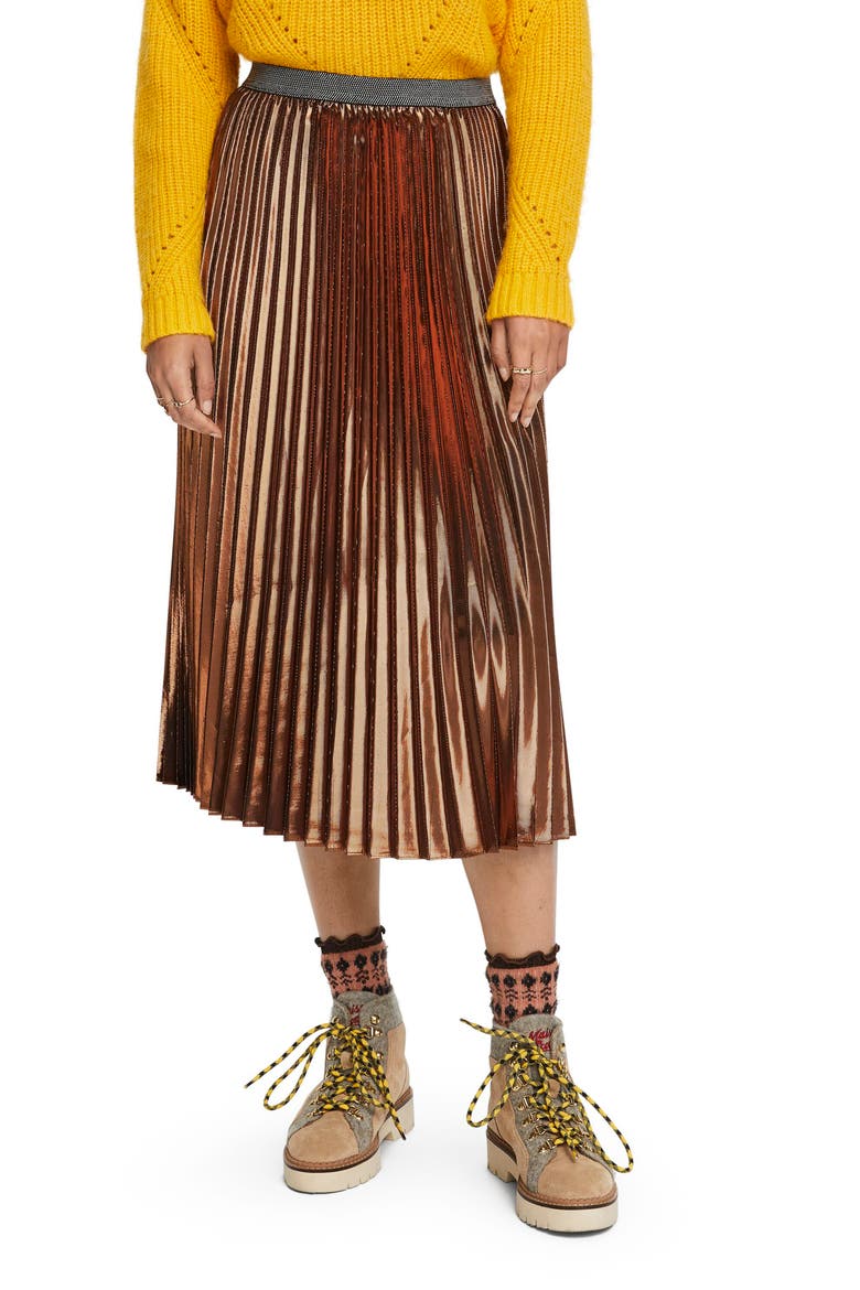 Metallic Pleated Midi Skirt, Main, color, BRONZE