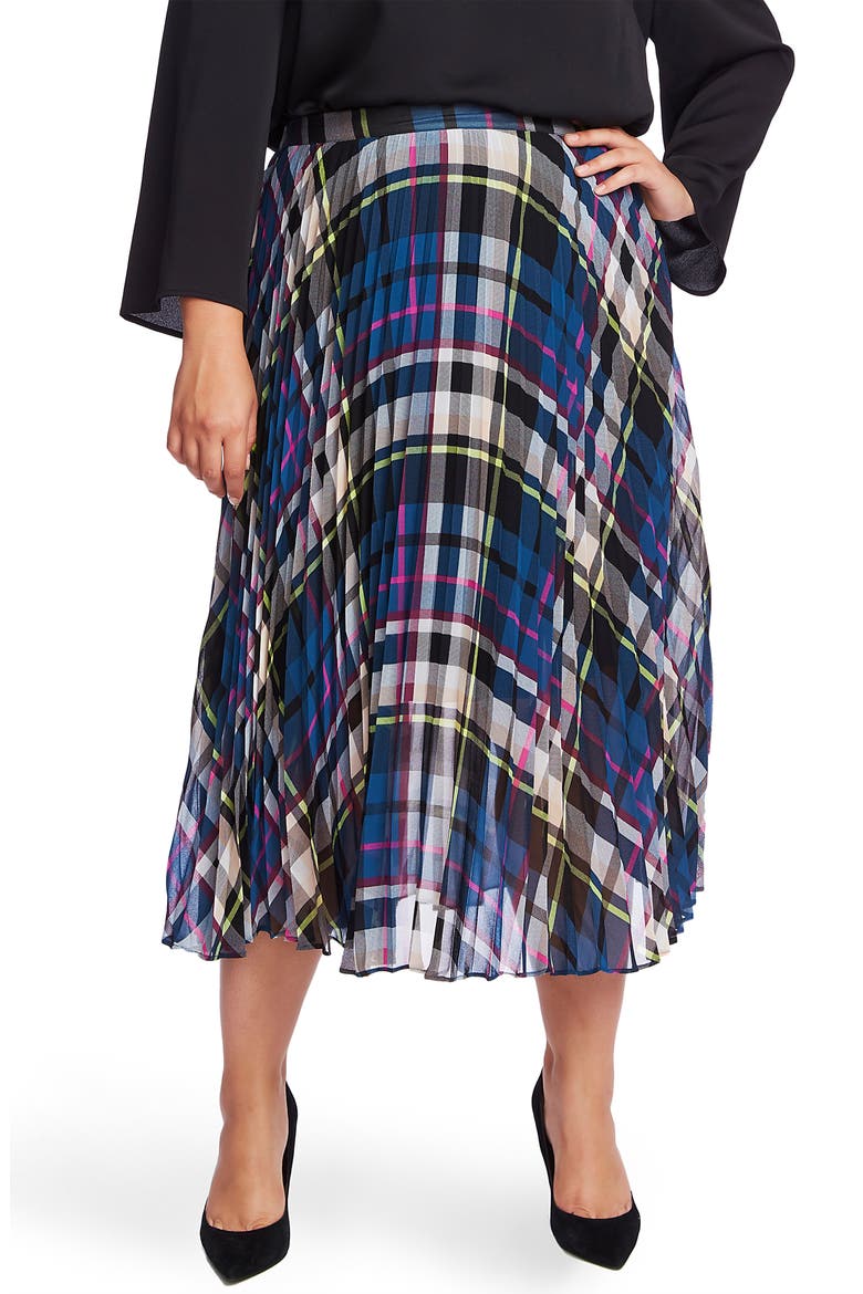 Plaid Pleated Midi Skirt, Main, color, DEACON BLUE