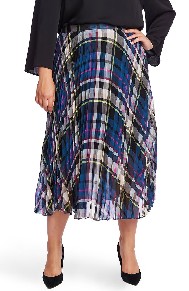 Vince Camuto Plaid Pleated Midi Skirt, Main, color,