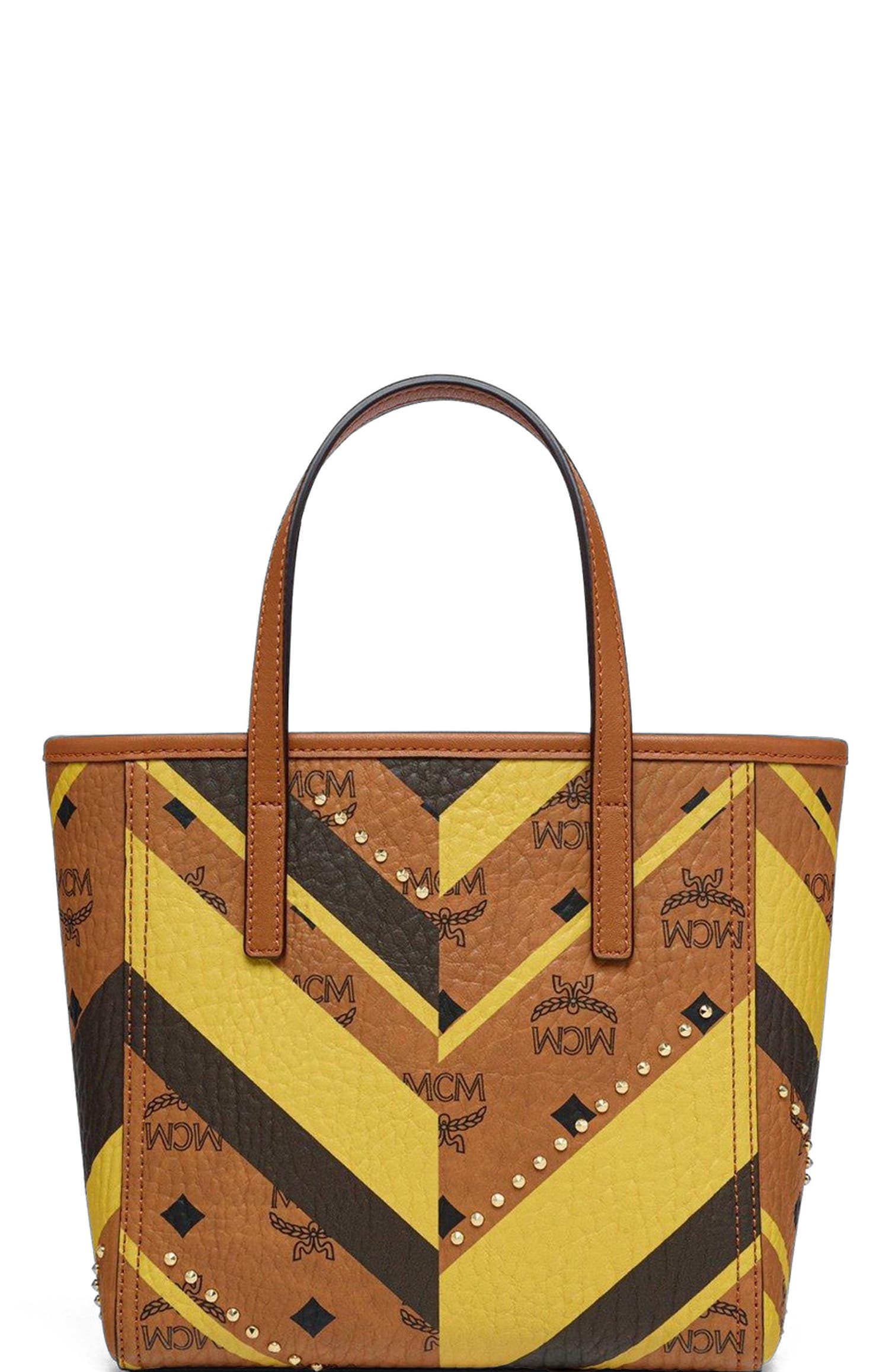 MCM Studded Toni Top-Zip Shopper in Mega Herringbone Visetos, Alternate, color, Cognac