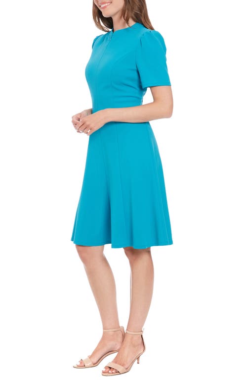London Times Front Zip Short Sleeve Fit & Flare Dress In B Reef Blue