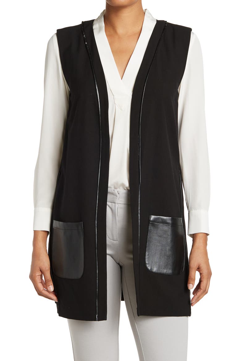 AMANDA AND CHELSEA Faux Leather Trim Patch Pocket Long Vest, Main, color, BLACK