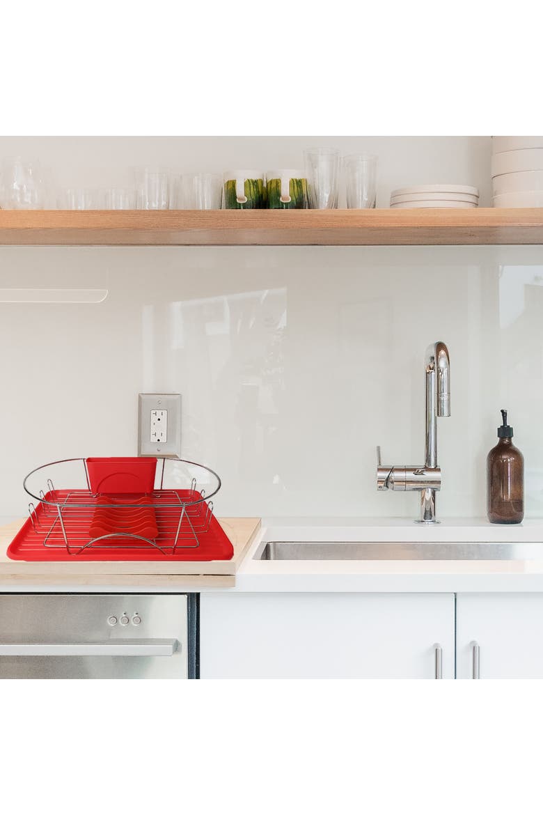 17 Inch Dish Rack with Detachable Utensil holder and a 6 Attachable Plate Positioner, Alternate, color, Red