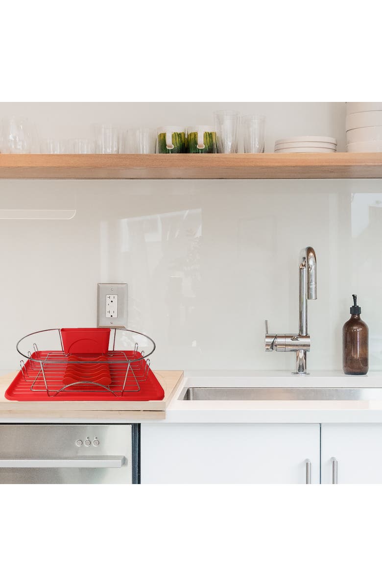 Megachef 17 Inch Dish Rack with Detachable Utensil holder and a 6 Attachable Plate Positioner, Alternate, color, Red