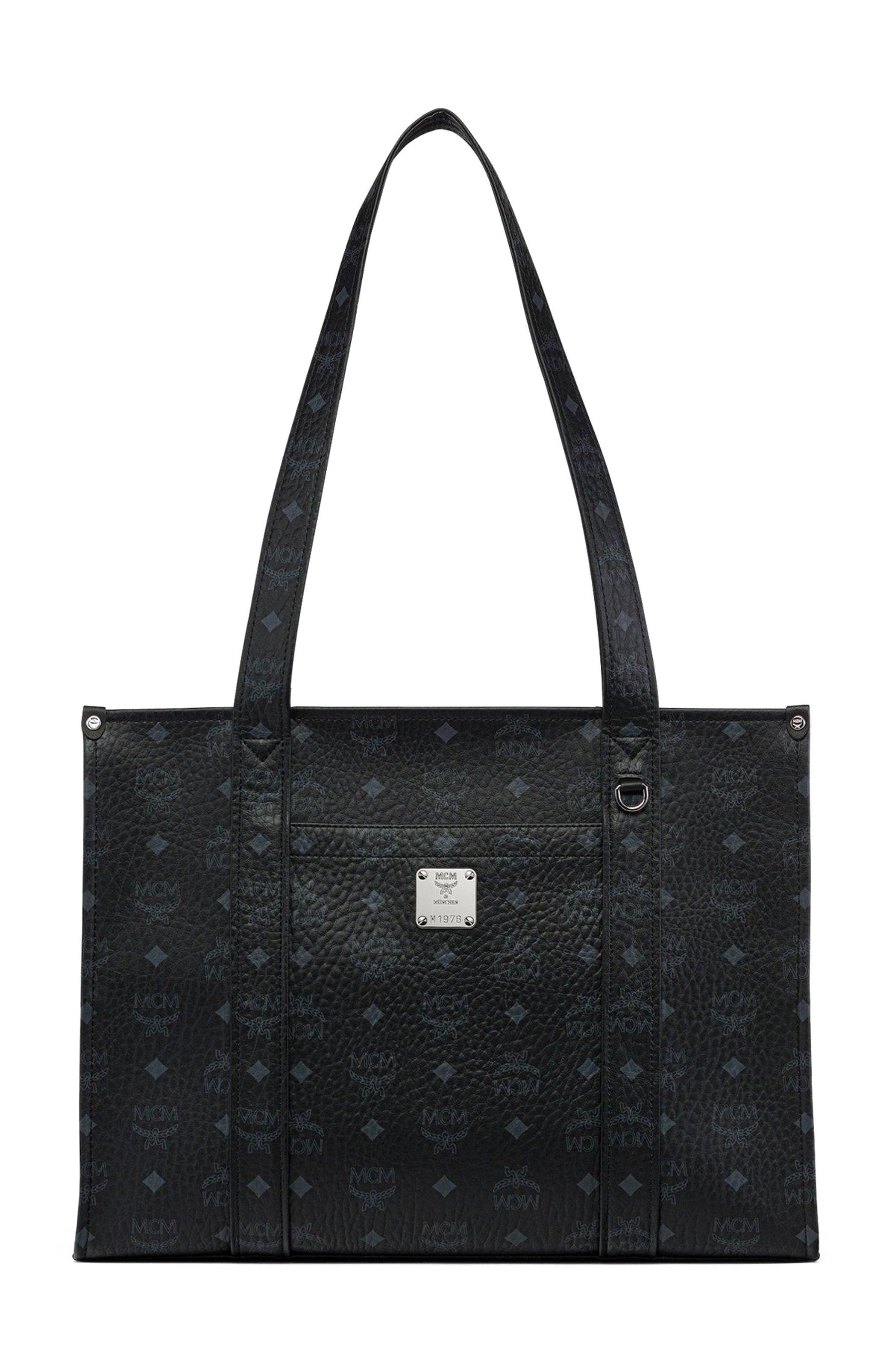 MCM Small Aren School Bag Tote in Visetos, Main, color, Black