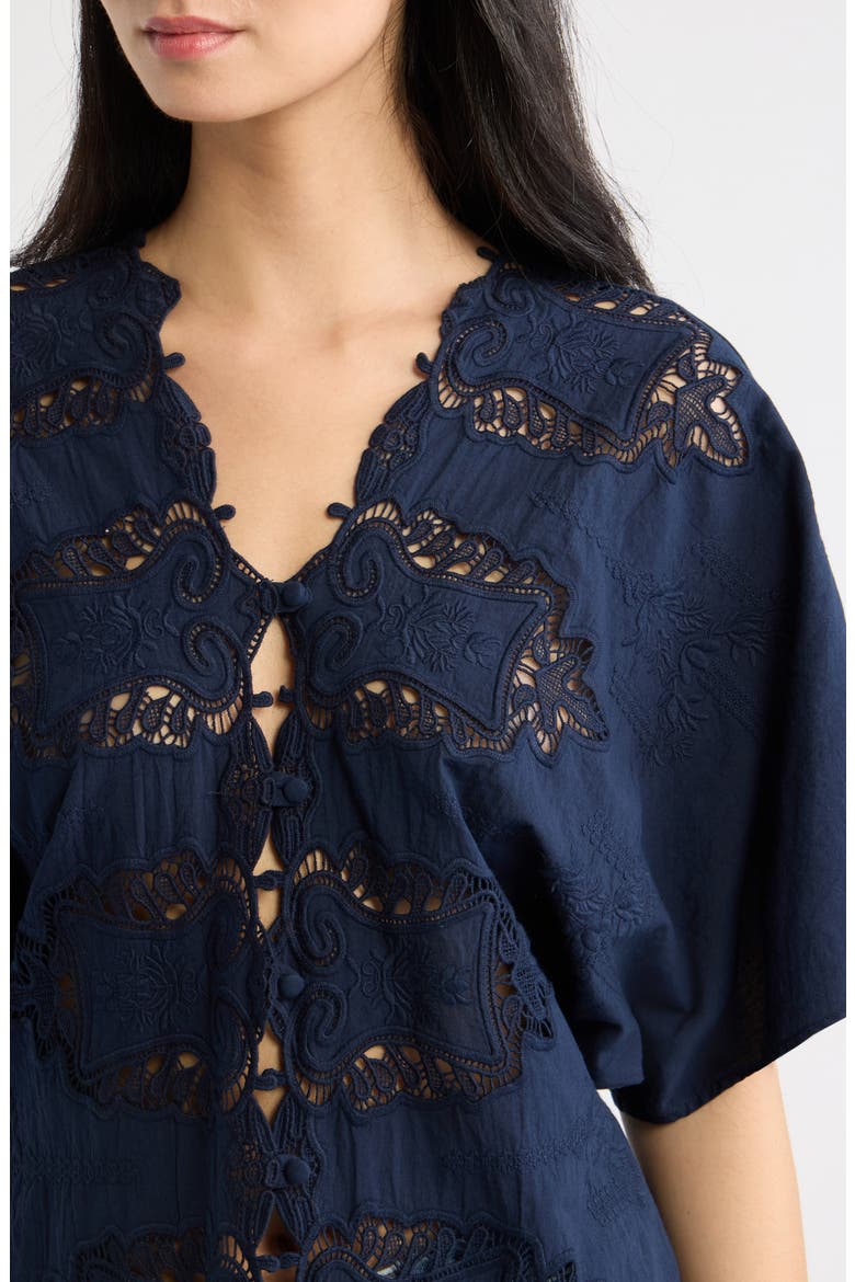 Embroidered Lace Short Sleeve Cotton Shirt, Alternate, color, NAVY VINTAGE LACE