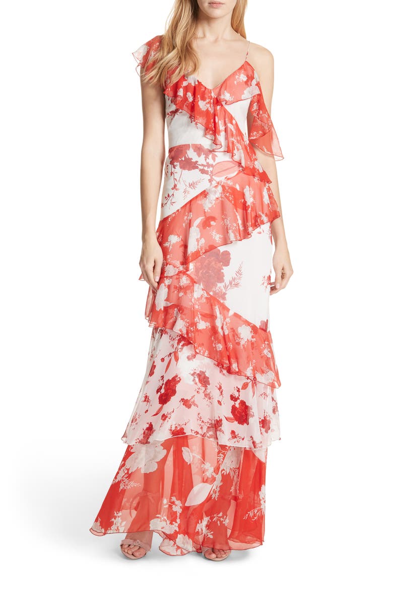 Olympia Asymmetrical Silk Maxi Dress, Main, color, DAMASK ROSE- SOFT WHITE