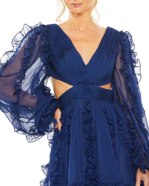 Mac Duggal V Neck Corset Back Long Puff Sleeve Ruffle Dress In Blue