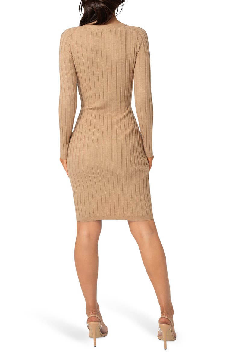 bebe Long Sleeve Rib Cardigan Dress, Alternate, color, Camel