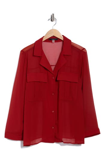 T Tahari Long Sleeve Crop Utility Button-up Shirt In Red