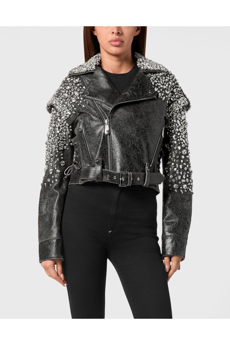 Leather Cropped Biker Jacket Ls Strass Women, Main, color, black