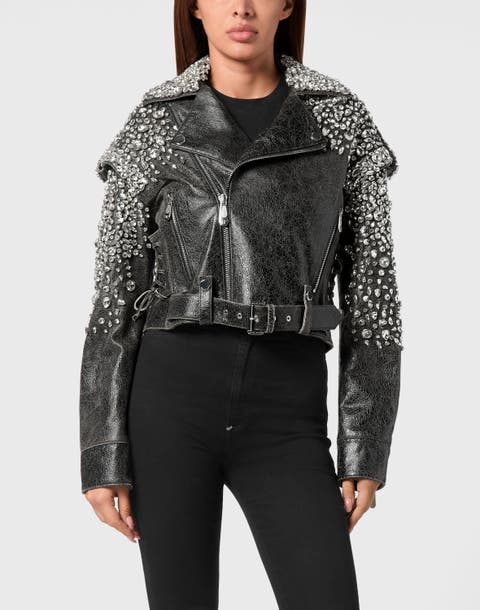 Leather Cropped Biker Jacket Ls Strass Women