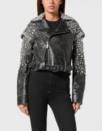 PHILIPP PLEIN Leather Cropped Biker Jacket Ls Strass Women