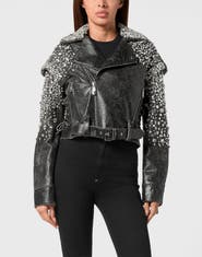 PHILIPP PLEIN Leather Cropped Biker Jacket Ls Strass Women