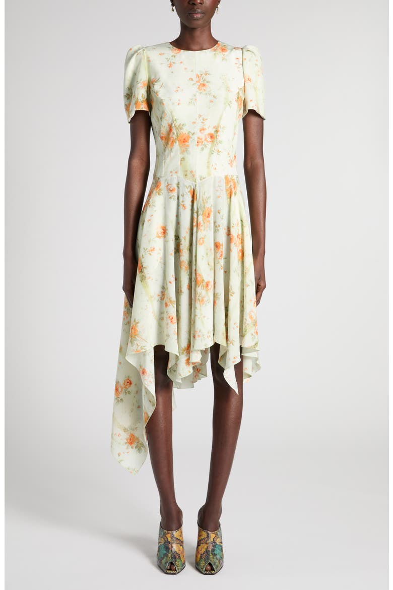 Floral Print Asymmetric Hem Silk Dress, Main, color, STONE - TANGERINE