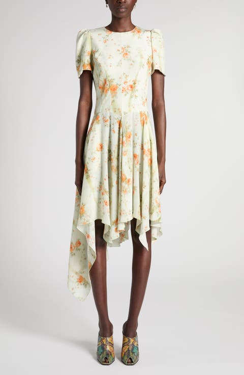 Floral Print Asymmetric Hem Silk Dress