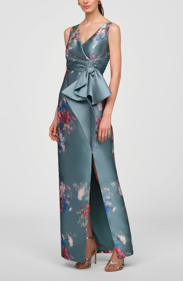 Kay Unger Kathleen Placed Floral Mikado Column Gown, Alternate, color, Cyan Multi