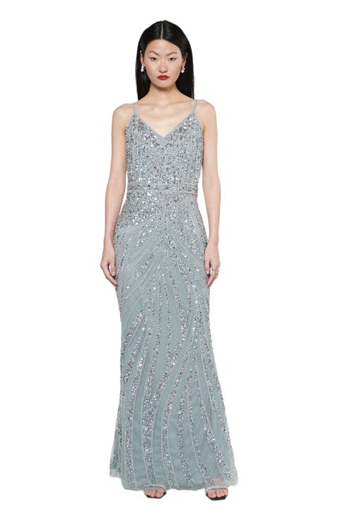 Occasion Embellished Sequin Beaded Strap Evening Dress