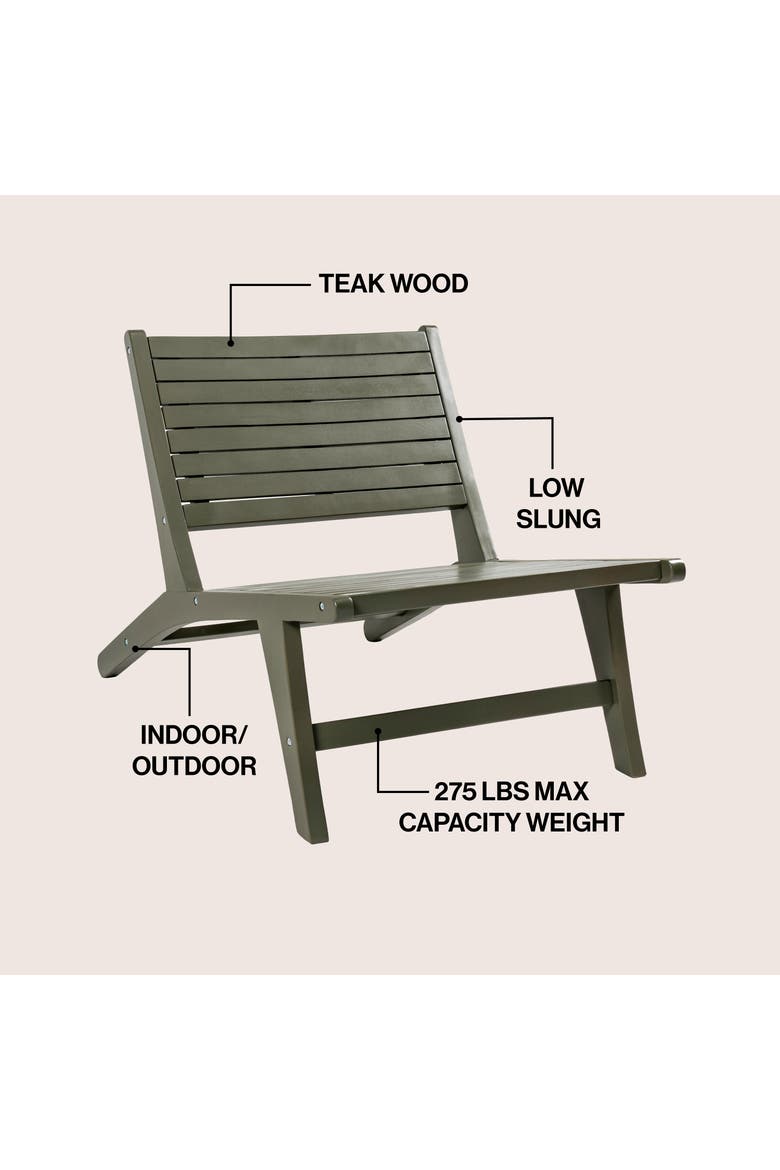 Leo Modern Solid Indonesian Wood Armless Outdoor Lounge Chair, Slatted Low Profile Seating for Patio, Porch or Garden, Alternate, color, Olive Green