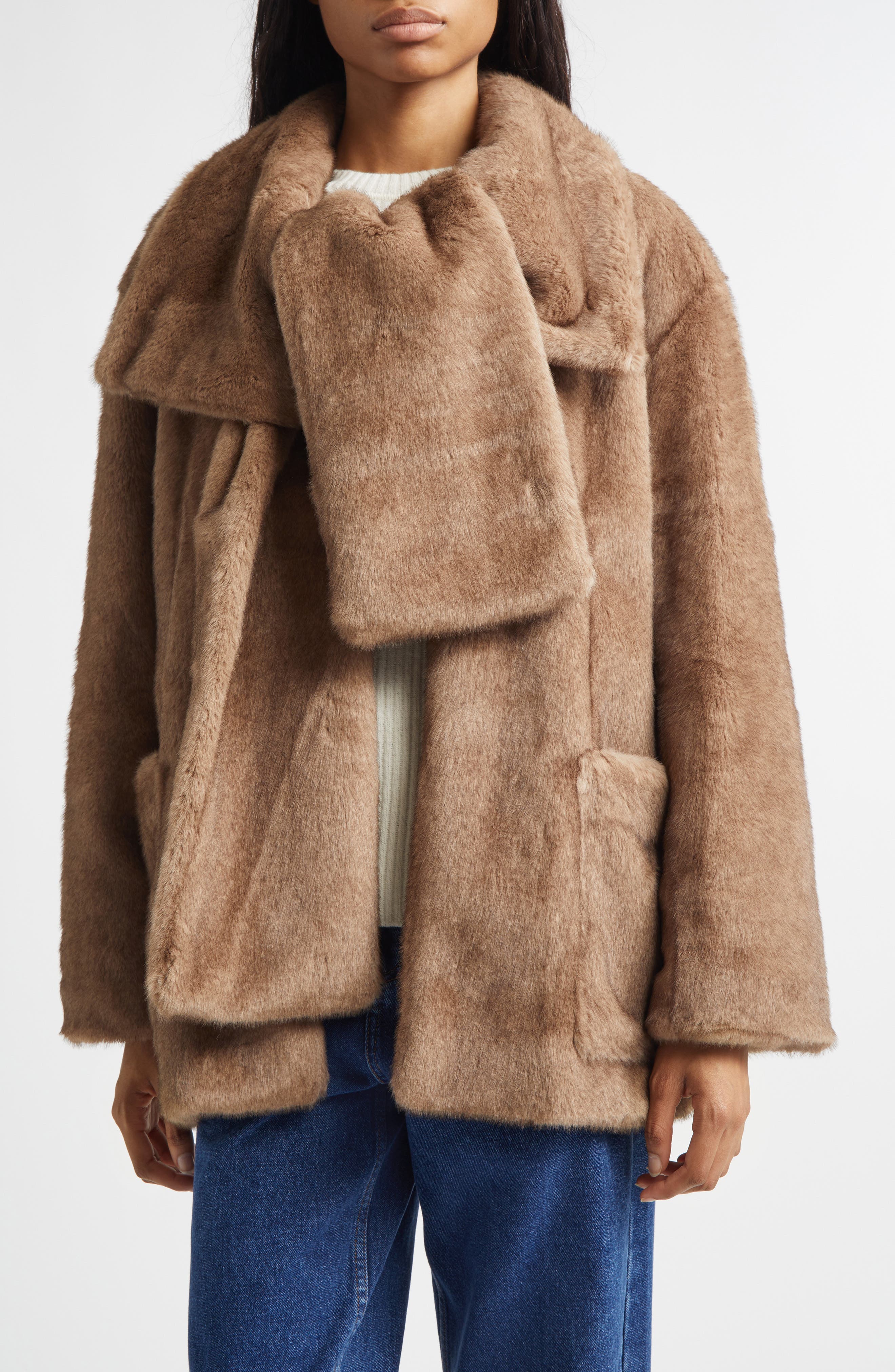Shawl Collar Faux Fur Jacket with Scarf Detail