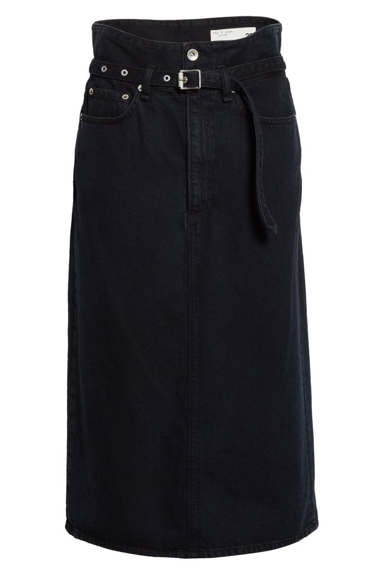 Paperbag Waist Denim Midi Skirt, Alternate, color, BLACK BIRD