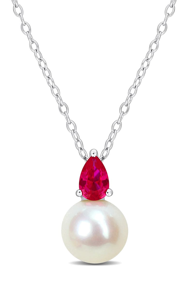 Lab Created Ruby & Freshwater Pearl Pendant Necklace, Main, color, RED