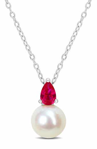 Lab Created Ruby & Freshwater Pearl Pendant Necklace
