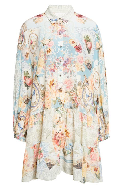 Floral Print Long Sleeve Silk Shirtdress