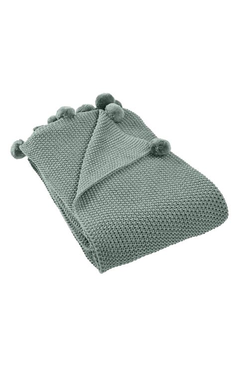 Pompom Trim Knit Throw