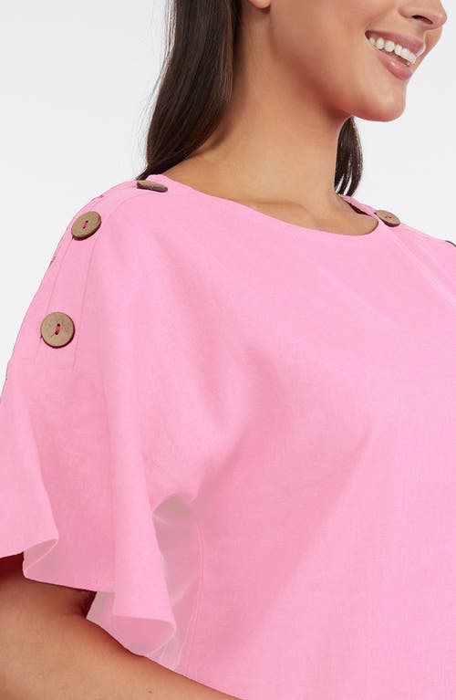 Ellen Tracy Round Neck Button Detail Linen Blend Top In Flamingo Pink