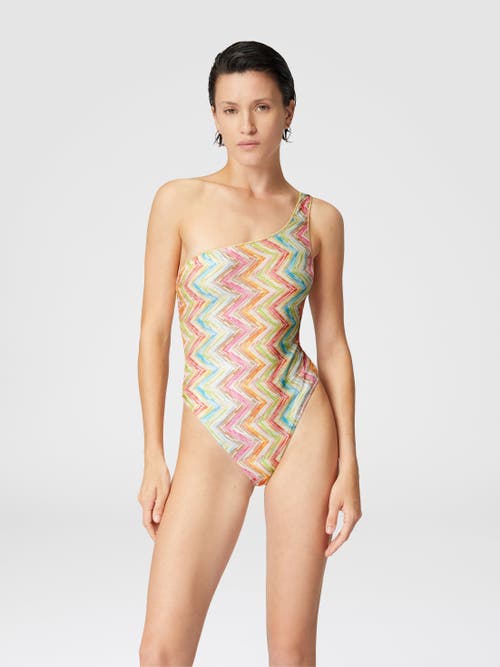 Missoni One-shoulder One-piece Swimsuit In Printed Tulle In Multi