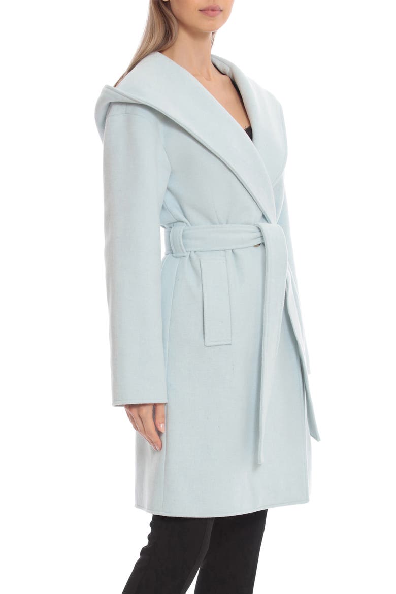 Belted Hooded Twill Wrap Coat, Alternate, color, ICE BLUE