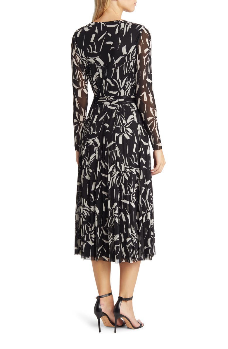 Anne Klein Abstract Print Tie Waist Long Sleeve Mesh Midi Dress, Alternate, color,