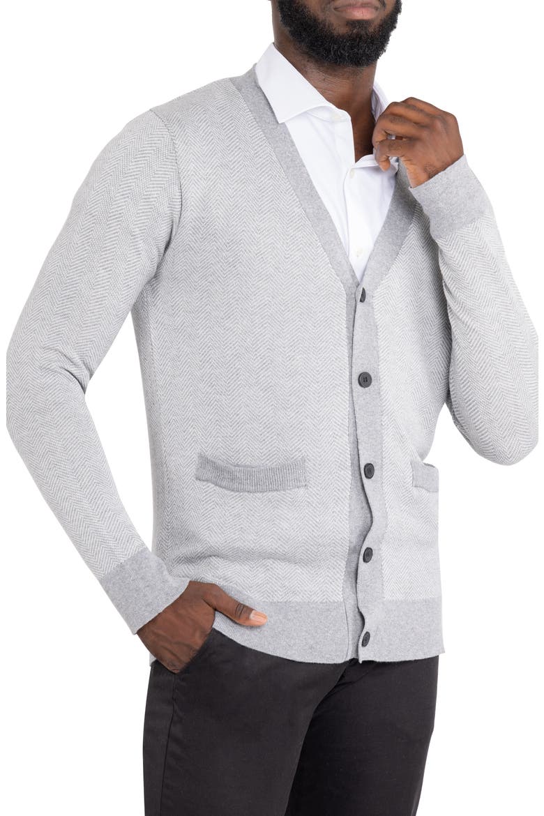Herringbone V-Neck Button Front Cardigan, Alternate, color, OFF WHITE/ HEATHER GREY