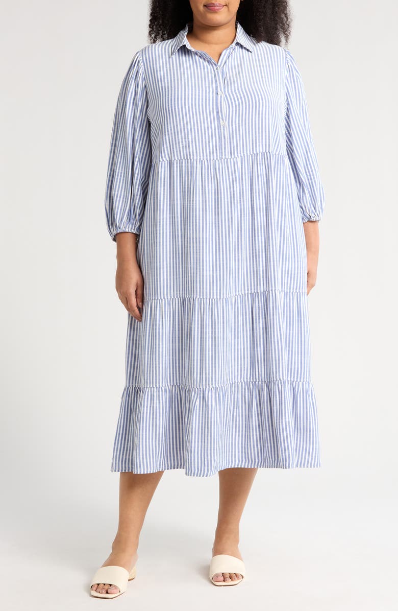 MAX STUDIO Three-Quarter Sleeve Tiered Shirtdress, Main, color, Denim Stripe