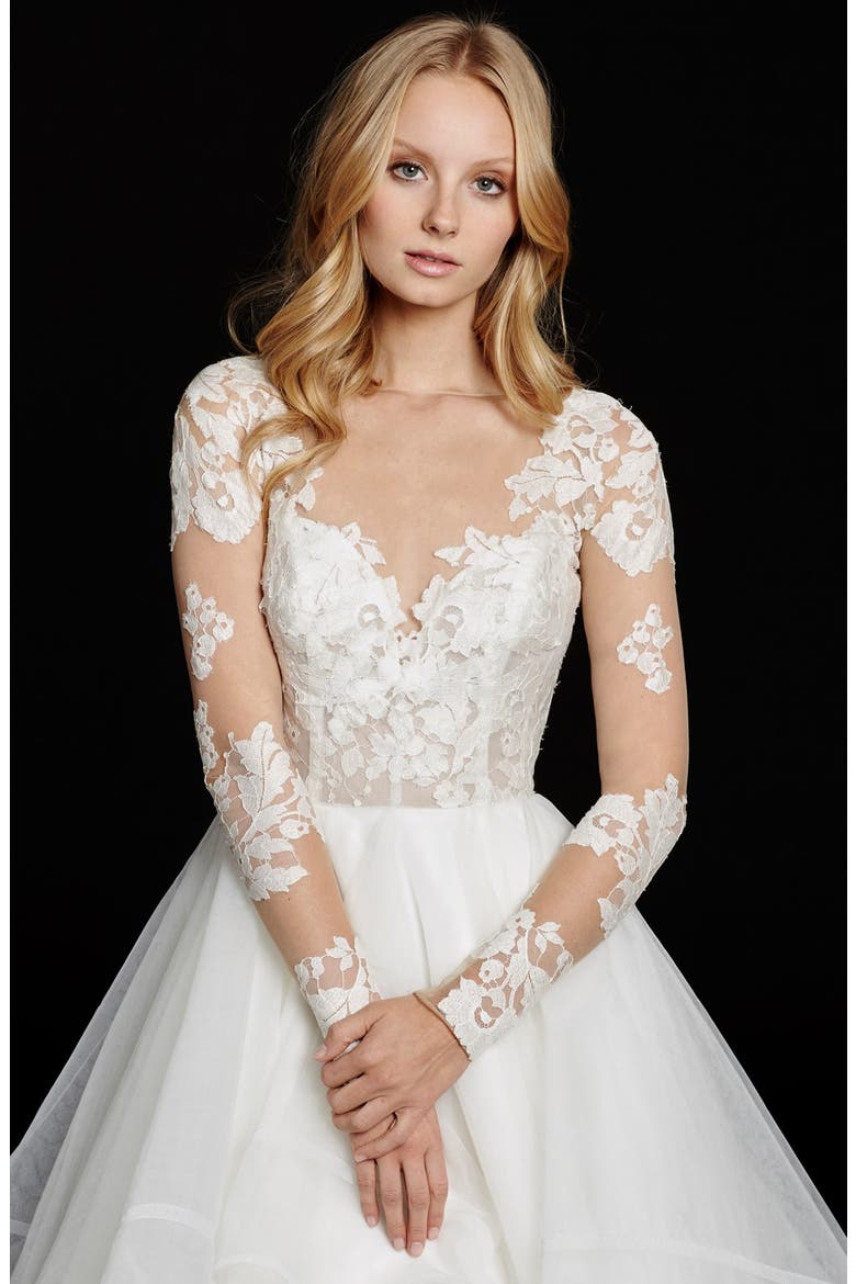 Elysia Long Sleeve Lace & Tulle Ballgown, Alternate, color, IVORY