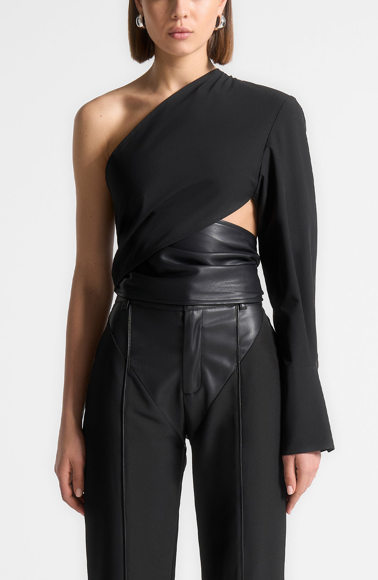 Manière De Voir Coralie One Sleeve Leather Wrap Top, Alternate, color, Black