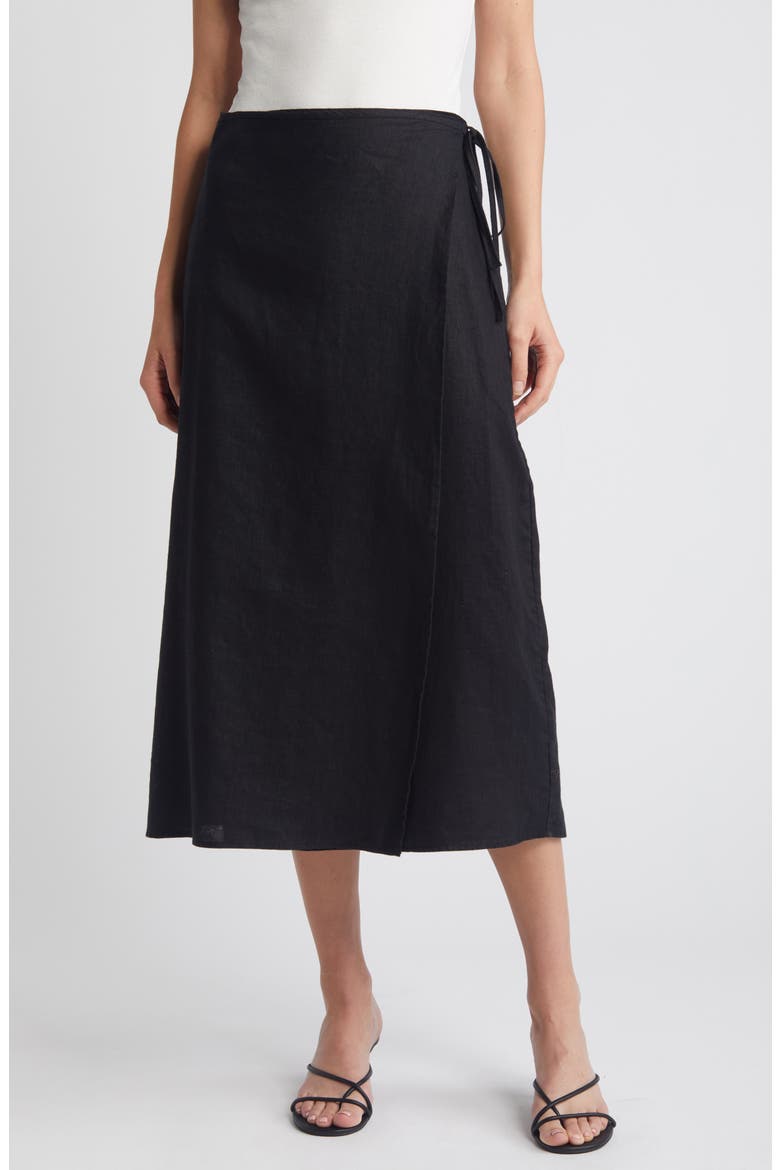 Carly Linen Wrap Midi Skirt, Main, color, BLACK