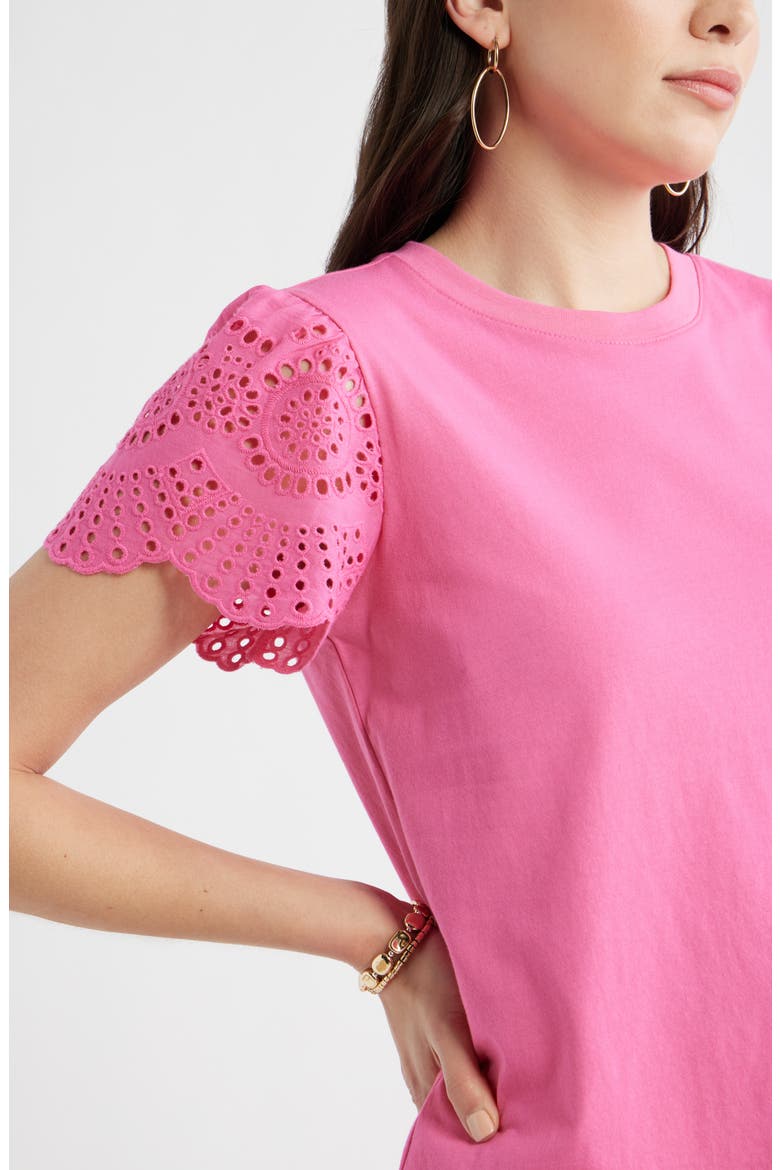 Eyelet Sleeve Mixed Media T-Shirt, Alternate, color, PINK SHOCK