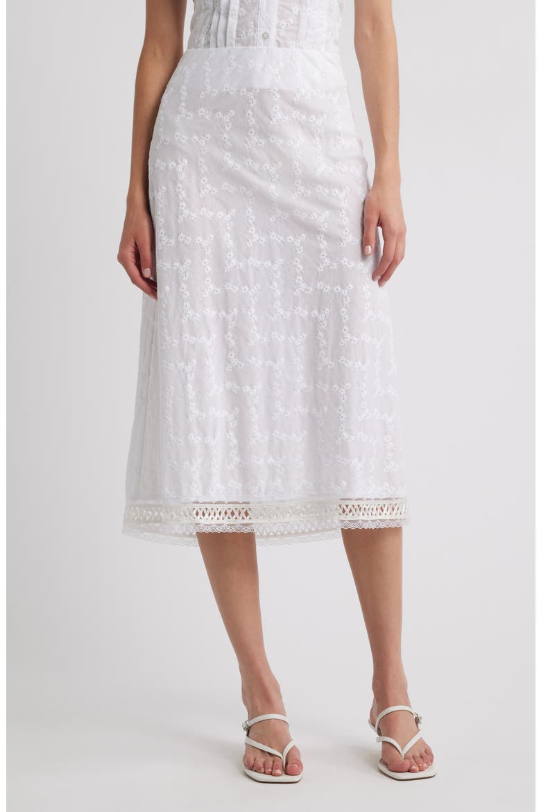 Lace Trim Cotton Eyelet Midi Skirt, Main, color, IVORY WITH EYELET PATTERN