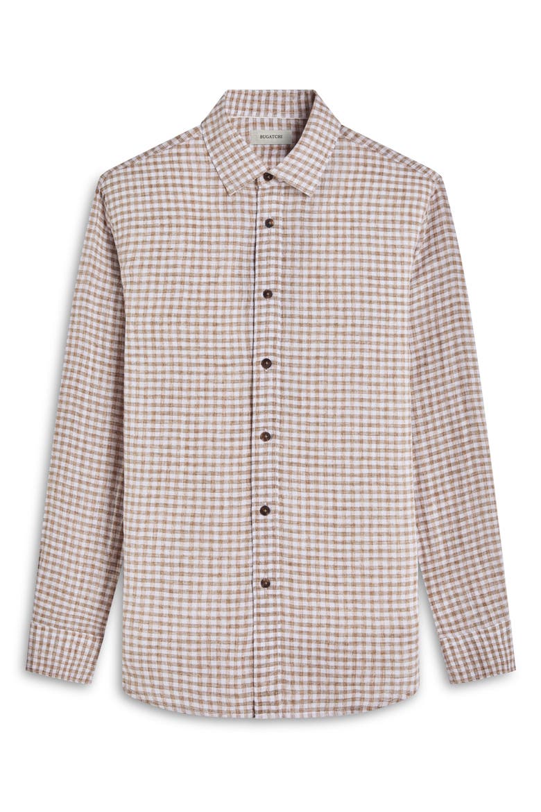 Karl Shaped Fit Gingham Check Linen Button-Up Shirt, Alternate, color, OLIVE